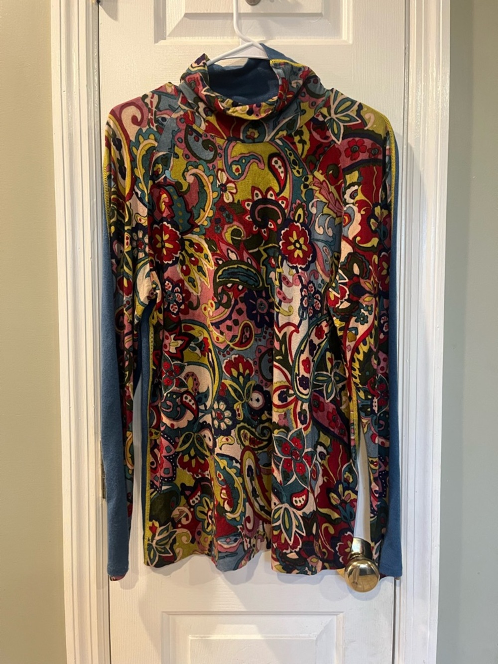 Aldo Martins Cap Juluca Floral Paisley Knit Turtleneck Top‎ XL Boho Artsy b2